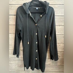 St. John's Bay Black Hooded 100% Cotton Button-Front Swim Shirt / Coverup